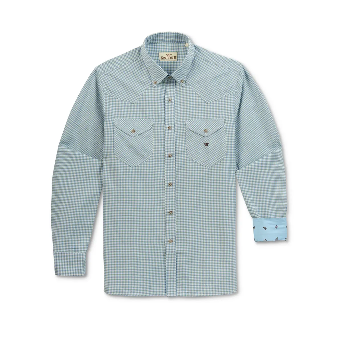 Men's L/S Two Tone Grid Western Collar Shirt Blu/Grn 1